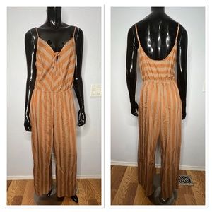 Lovestitch Evereve Bronze Striped Low Rounded Back Jumpsuit Sz L Rayon Blend NWT